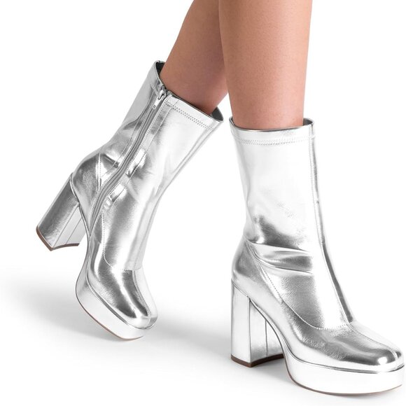 Dream Pairs Shoes - Women's Size 8 Metallic Silver Block Heel Platform Ankle Boots